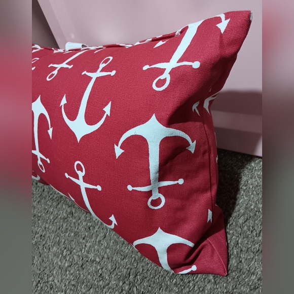 Light Red, Oblong Throw Pillow. Anchor Design in white. - Picture 6 of 6